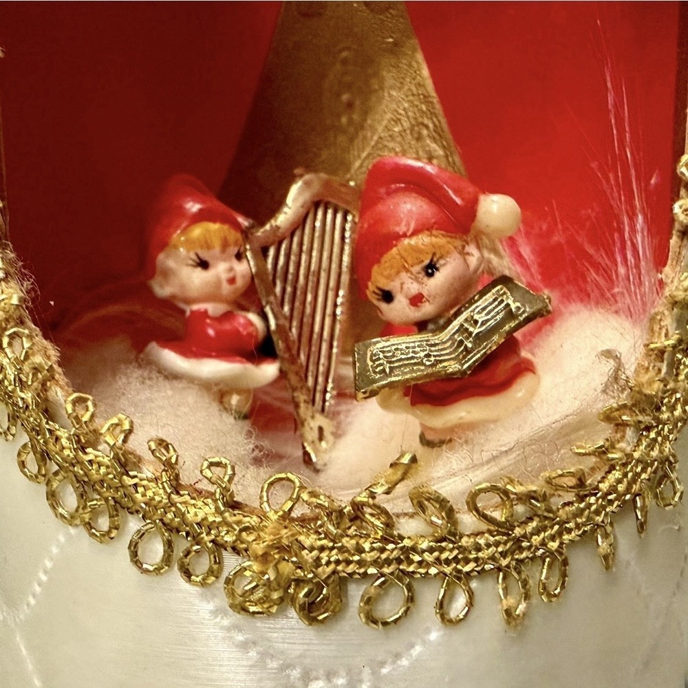 VTG 60s MCM Christmas‎ Music Elf Quilted Handmade Diorama 8.5" Musical Elves